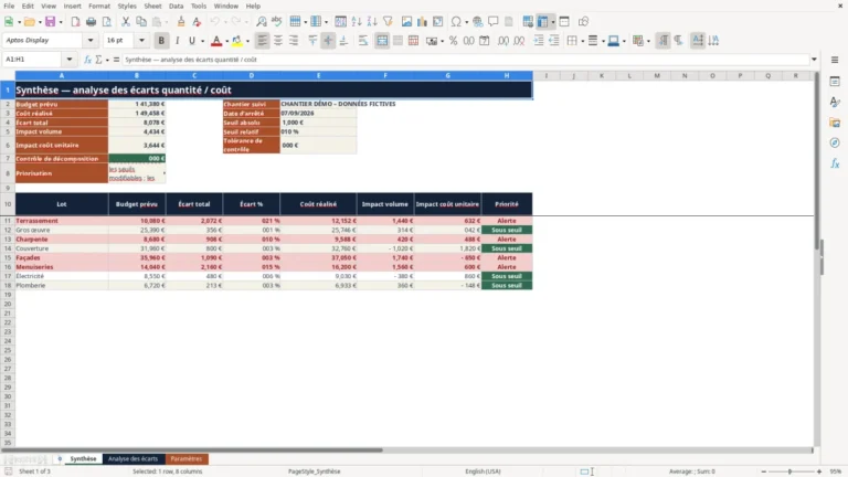 Aperçu de Analyse des écarts quantité-coût chantier Excel