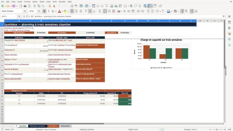 Aperçu de Planning de chantier à trois semaines Excel