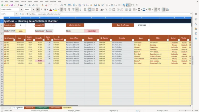 Aperçu de Planning d’affectation des équipes chantier Excel