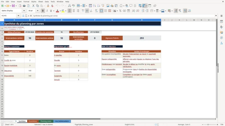 Aperçu de Planning par zones de chantier Excel avec alertes