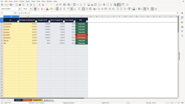 Aperçu de Suivi des engagements chantier Excel par lot