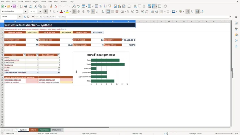 Aperçu de Suivi des retards chantier Excel et plan de rattrapage